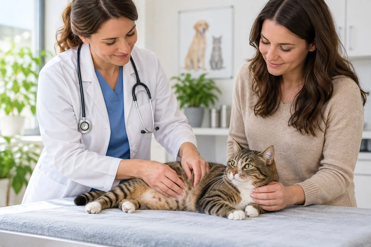 Veterinarian examining a tabby cat while owner supports it on table
